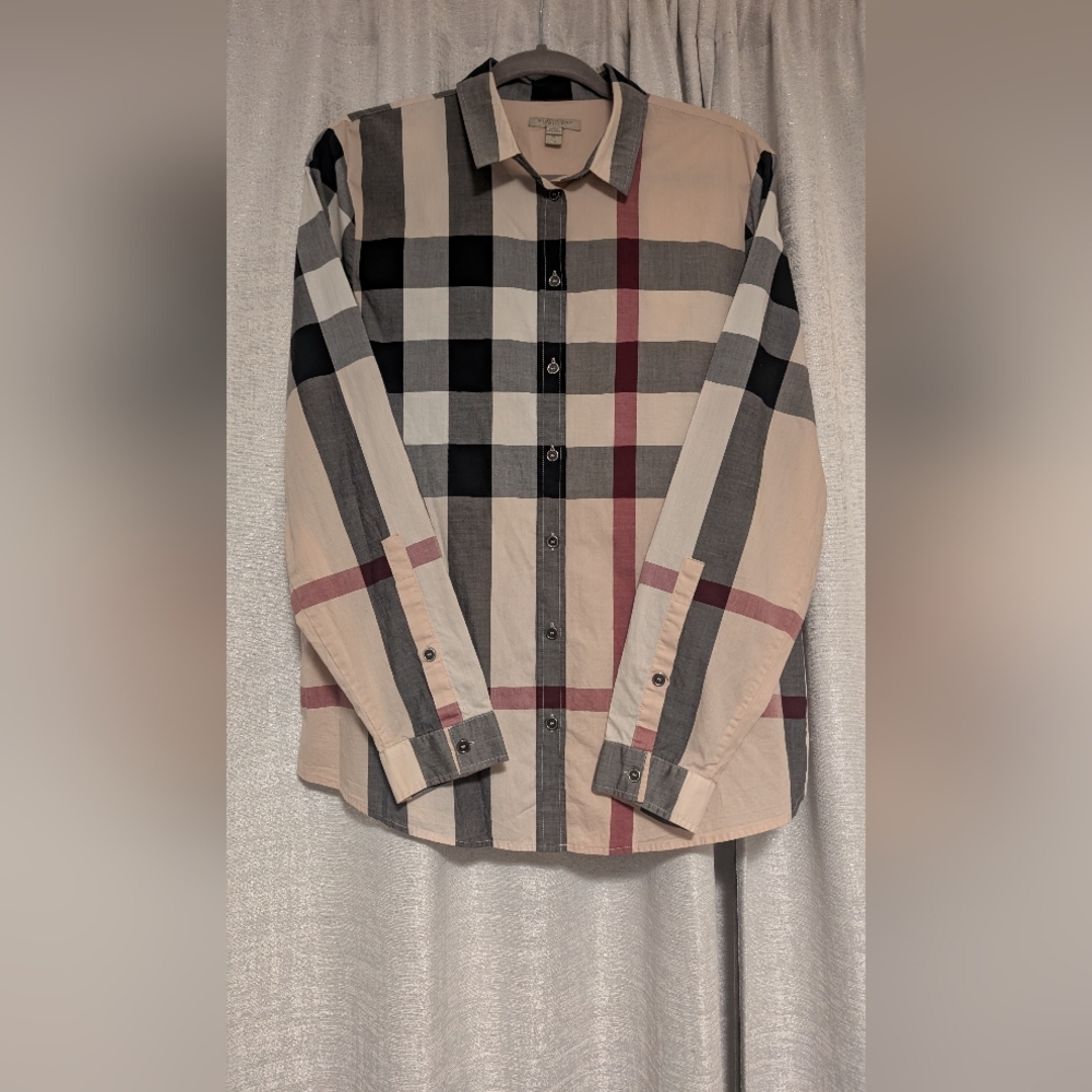Burberry Beige and Black Plaid Button Down Shirt